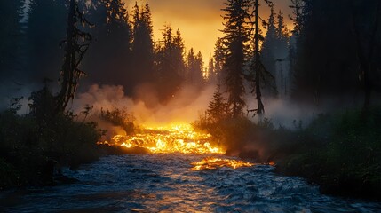 Pahoehoe lava flow incinerating tropical forest with intense glow and smoke plumes at dusk