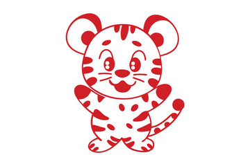 Cheerful cartoon tiger standing with paws up shows its playful spirit in red color