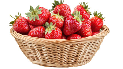 Freshly harvested ripe strawberries overflowing a wicker basket against a transparent background