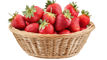 Freshly harvested ripe strawberries overflowing a wicker basket against a transparent background