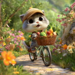 Cartoon cats riding bicycles in the mountains; Purchased a lot of fruits and vegetables