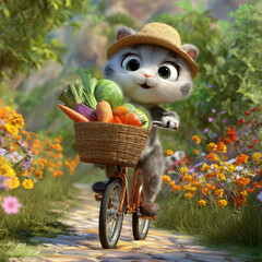 Cartoon cats riding bicycles in the mountains; Purchased a lot of fruits and vegetables