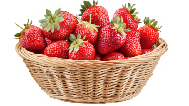 Freshly harvested ripe strawberries overflowing a wicker basket against a transparent background