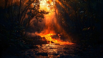 Lava tree molds forming as viscous flow engulfs palm trees with dramatic backlighting