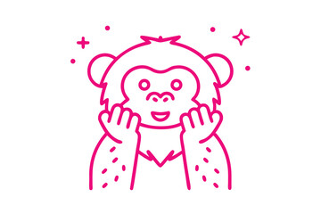 Cheerful chimpanzee outline supports face with hands, surrounded by dots and a star