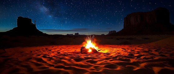 Cozy desert campfire under vast starry sky with warm glowing embers (Night Camping)