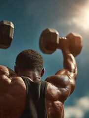Back view of a muscular man performing dumbbell shoulder press outdoors with a bright sky in the background