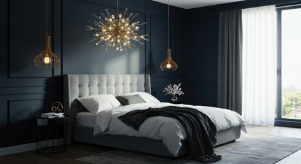 Luxurious Bedroom Interior with Modern Lighting and Bed.