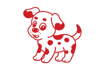 Cheerful Dalmatian puppy with red spots looks forward, with a happy expression