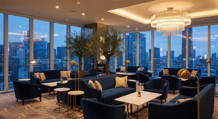 Fototapeta premium Sophisticated, serene room with plush seating and a grand chandelier overlooking a vibrant cityscape at dusk