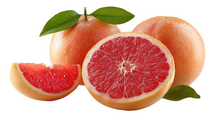 Freshly sliced and whole grapefruits with green leaves isolated on a transparent background