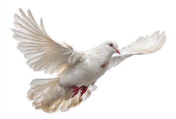 Obraz premium A white dove gracefully flies with wings spread against a clean, bright white background, captured mid-flight