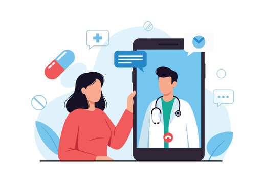 Flat style illustration of online healthcare consultation with a doctor via smartphone, representing telemedicine, virtual health services, and digital medical advice for patients