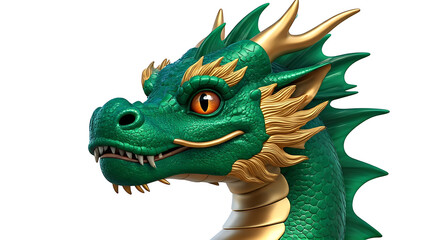Obraz premium Close-up of a green Chinese dragon head with golden accents on a white background