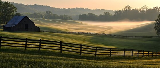 Golden dawn over undulating farmland with long shadows and morning dew