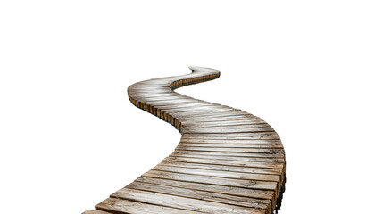 Tranquil wooden boardwalk pathway winding through a scenic landscape isolated on a transparent background