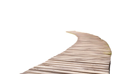 Tranquil wooden boardwalk pathway winding through a scenic landscape isolated on a transparent background