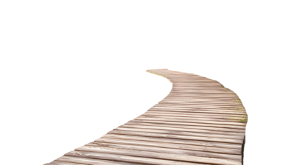 Tranquil wooden boardwalk pathway winding through a scenic landscape isolated on a transparent background