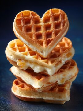 Stack of golden heart shaped waffles with syrup and cream on dark background