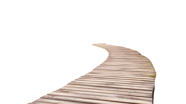 Tranquil wooden boardwalk pathway winding through a scenic landscape isolated on a transparent background