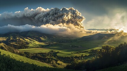 Sunset-lit volcanic ash plume creating dramatic light scattering over mountain range