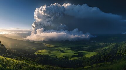 Ground-level view of ash fall covering vegetation with distant erupting volcano