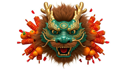 Vibrant illustration of a Chinese dragon head with fireworks on a white background