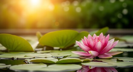 Serene Pink Water Lily on a Calm Pond at Sunset - Nature, Serenity, and Tranquility Stock Photo.