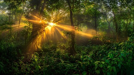 Looking up towards jungle canopy as golden sunlight streams through leaves creating ethereal light beams in misty rainforest air peaceful nature background