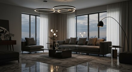 Modern Living Room Interior with Stylish Lighting and City View.