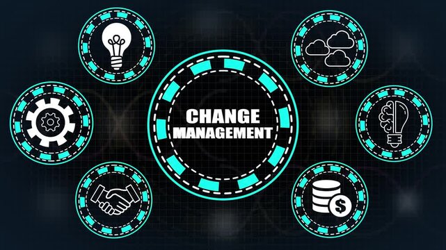 Change Management concept with icons for ideas, teamwork, money, and progress on a dark background transformation