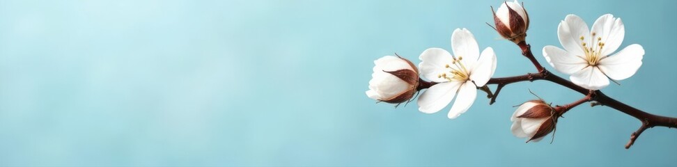 Soft cotton fabric and blooming branch on a light blue backdrop Eco friendly textiles , top view, cotton, bloom
