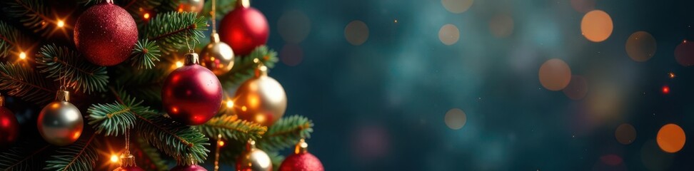 Sparkling Christmas tree, ornate ornaments, glittering backdrop, joyful, abstract