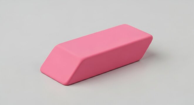 Pink eraser with angled sides on pale gray background, casting subtle shadow