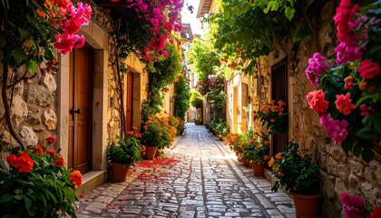 Fototapeta premium Charming flower-filled alleyway