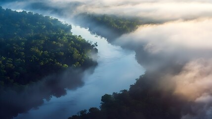 Aerial view of Amazon River winding through dense green rainforest shrouded in low morning mist ethereal jungle landscape South America Brazil wilderness (Travel)