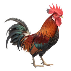Fototapeta premium Colorful rooster isolated on transparent background standing and looking to the side