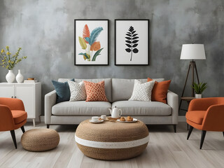 Modern Living Room with Textured Wall and Tropical Accents