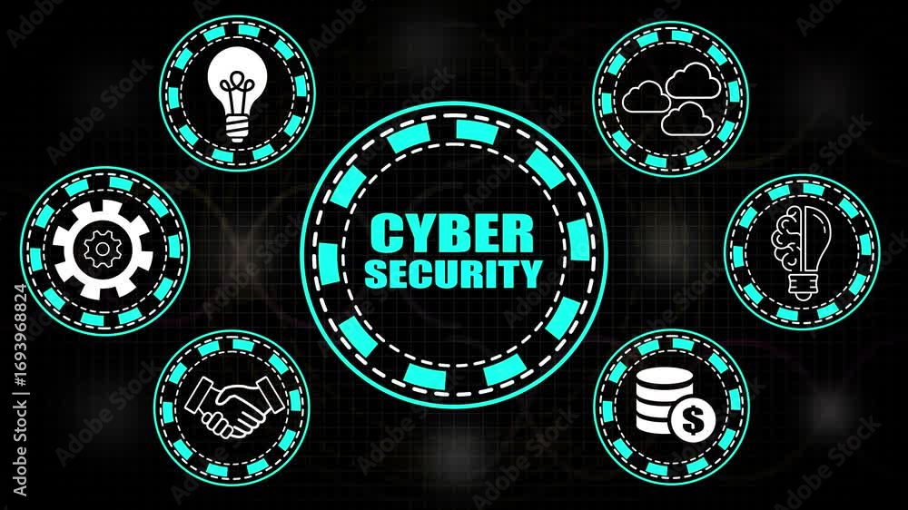 Aufkleber cyber security concept with icons for data protection and innovation on dark grid background network
