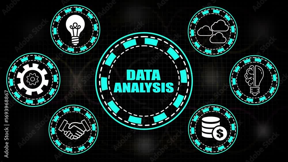 Poster data analysis concept with icons for idea lightbulb gear handshake brain clouds and money stack busi
