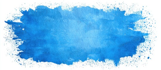 An abstract, horizontal, blue watercolor brushstroke with splatters on a white background creates a textured, painted element