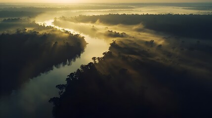 Mystical Amazon River view from above thick fog blankets the rainforest creating islands of green canopy dramatic light beams pierce the mist dawn scene (Travel)