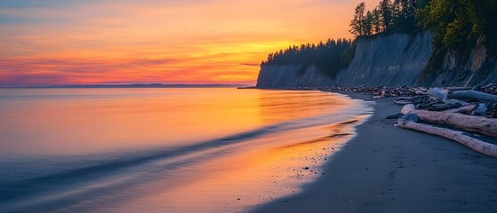 Dreamy beach sunrise with golden light reflecting on wet rippled sand (Nature Photography)