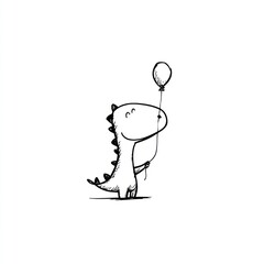 funny cartoon dino holding balloon black outline on white background

