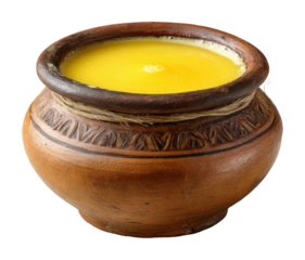 Traditional clay pot filled with ghee indian kitchen food isolated on transparent background