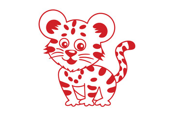 Cute baby jaguar outlined in red with spots stands alert on a white background