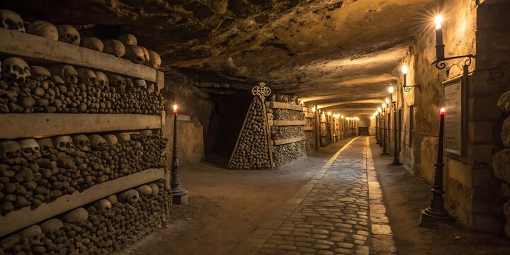 Eerie Catacombs of Paris Rows of Skulls and Bones Illuminated by Candlelight in France.