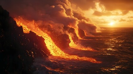 Aerial view of lava delta expanding into ocean with intricate patterns of black sand and steam