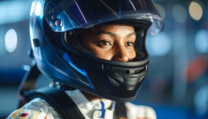 Close-up of a woman in a racing helmet