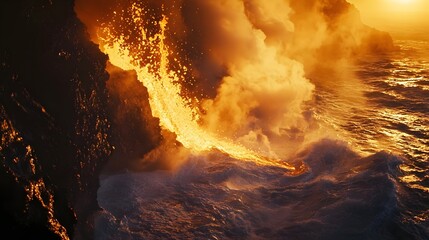 Close-up of pillow lava formation as molten flow enters turbulent seawater with violent steam bursts